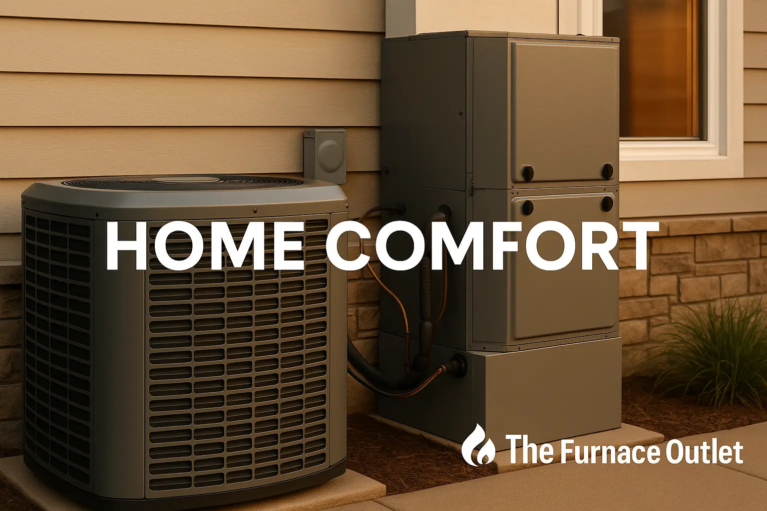 A high-resolution image of a central air conditioning unit and furnace installed outside a modern home, conveying comfort and energy efficiency.