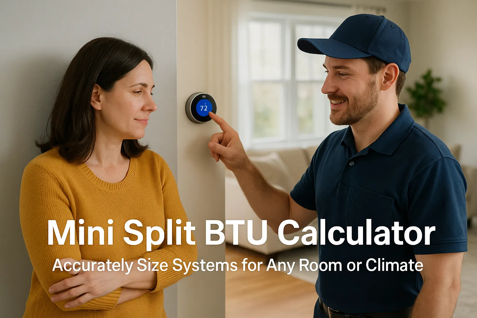 A homeowner and HVAC technician discuss a smart thermostat in a bright, modern living room.