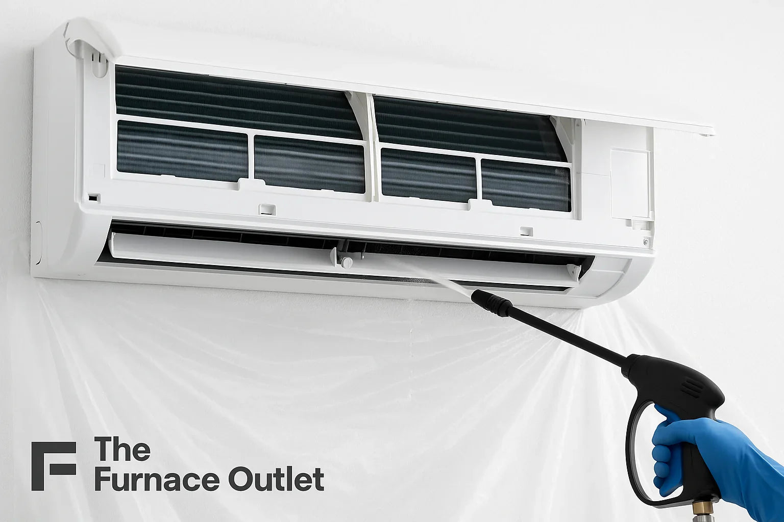 A mini split air conditioner being cleaned with a spray nozzle while covered with protective plastic