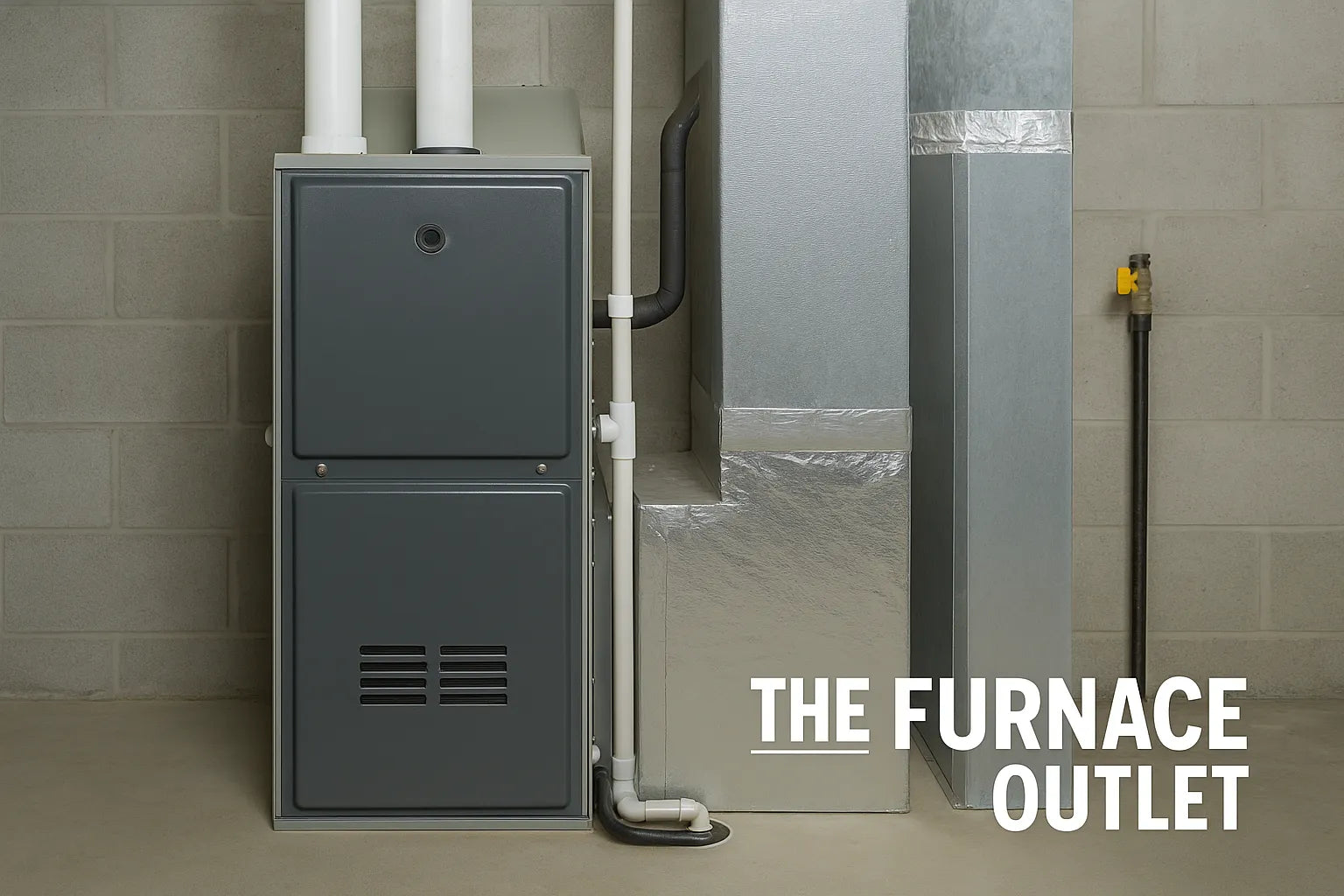 A modern HVAC furnace installed in a basement with ductwork and clean concrete walls.