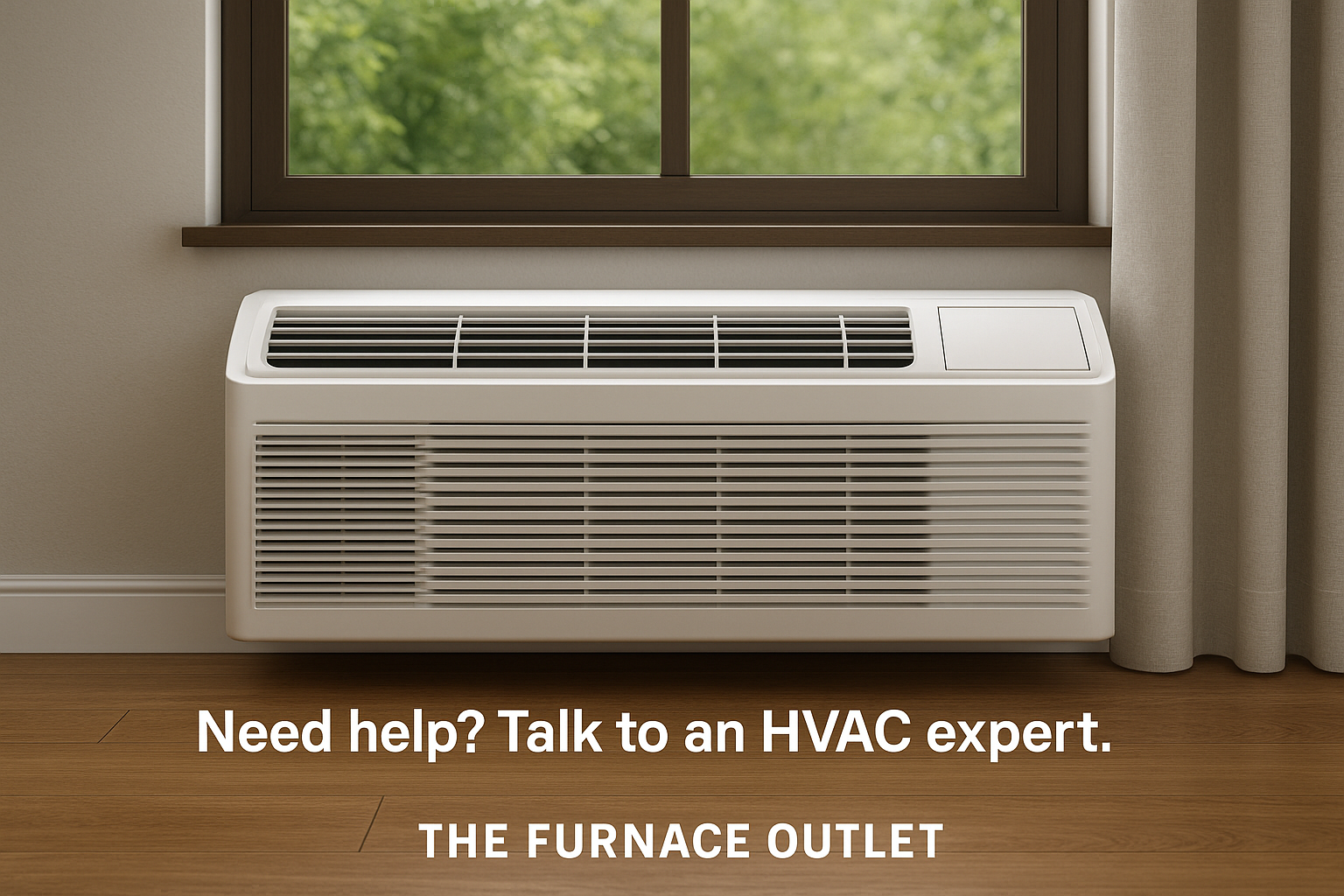 A modern PTAC unit installed beneath a window in an eco-conscious room, surrounded by natural light and greenery, with a clean wooden floor and minimalist curtain. Branding and CTA text reads “Need help Talk to an HVAC expert. THE FURNACE OUTLET.