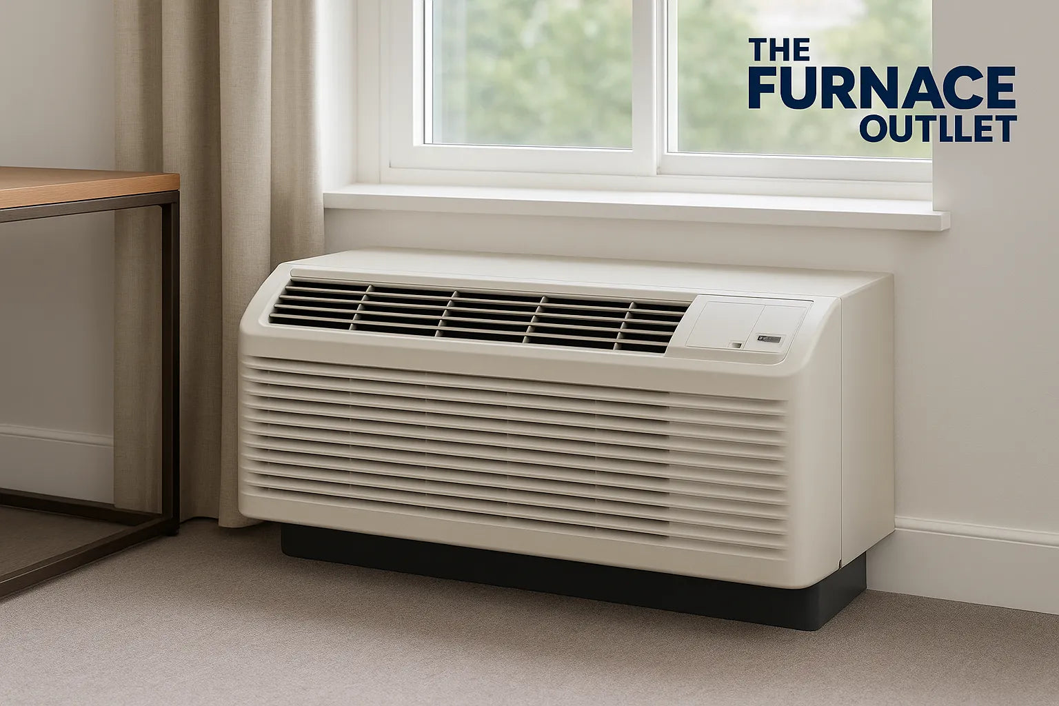 A modern PTAC unit installed under a window in a clean, professionally styled room with neutral tones and The Furnace Outlet branding in the corner