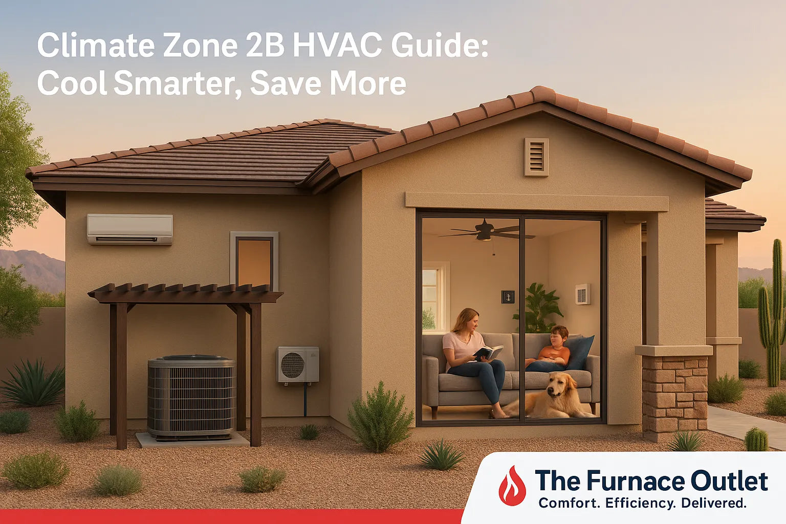 A modern Southwestern home with efficient HVAC systems, showcasing comfort and energy-saving climate solutions in a desert setting