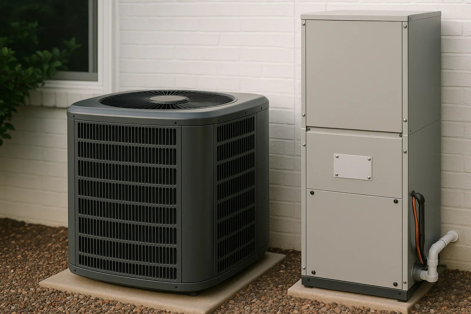 A modern central air conditioning condenser and air handler installed outside a residential home.