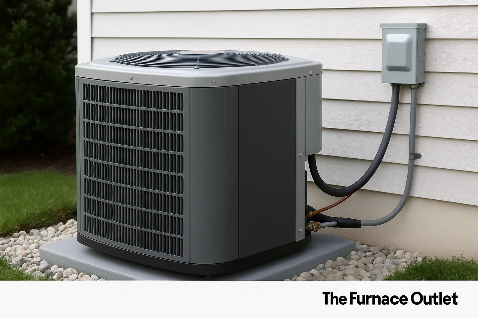 A modern central air conditioning unit installed outside a home on a concrete pad.