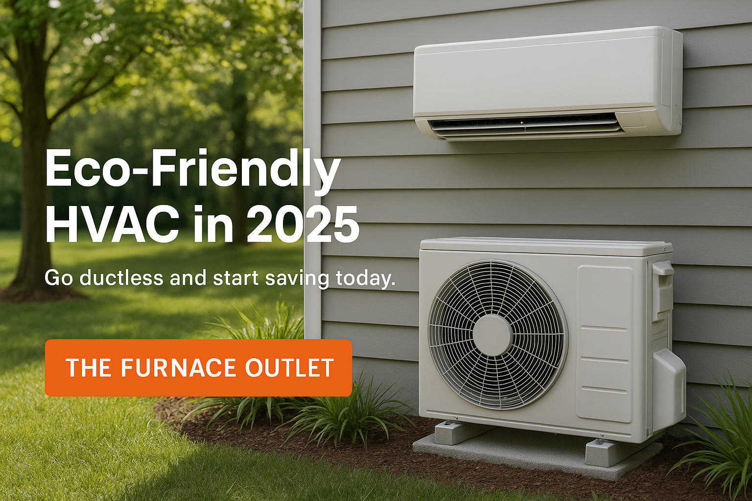 A modern ductless mini-split HVAC system is installed on the exterior wall of a suburban home, surrounded by green landscaping, with branding for The Furnace Outlet and a CTA that reads Go ductless and start saving today.