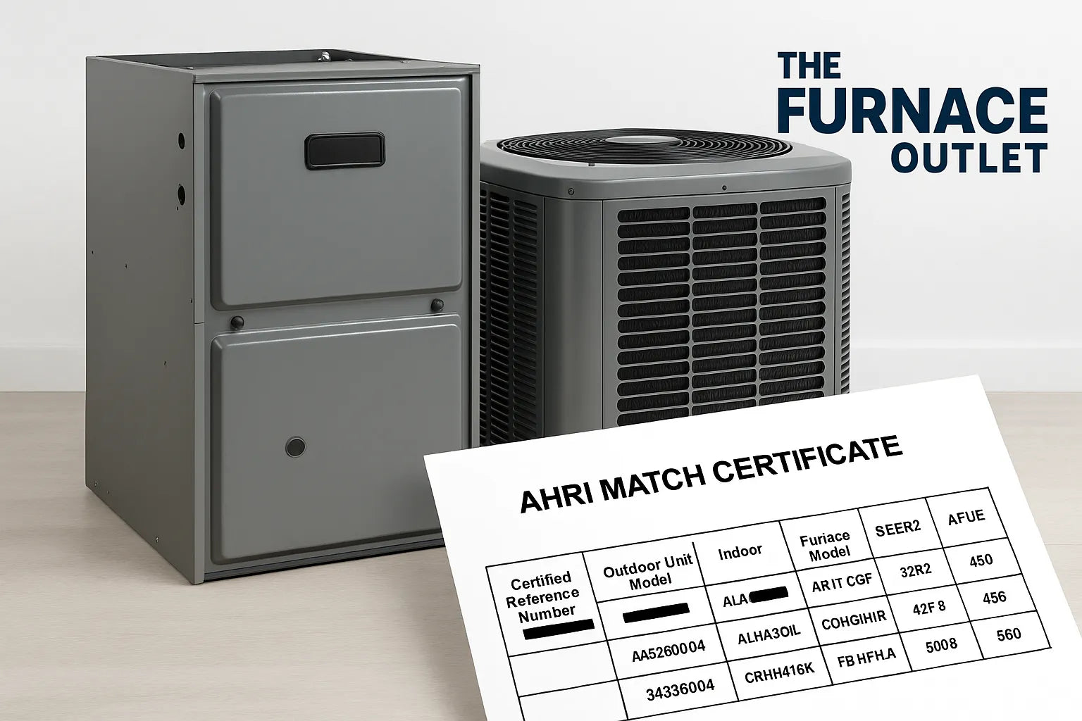 A modern furnace and air conditioner with an AHRI match certificate and The Furnace Outlet logo.