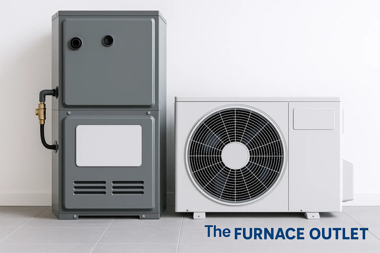 A modern furnace and air conditioning unit side by side in a clean professional setting.