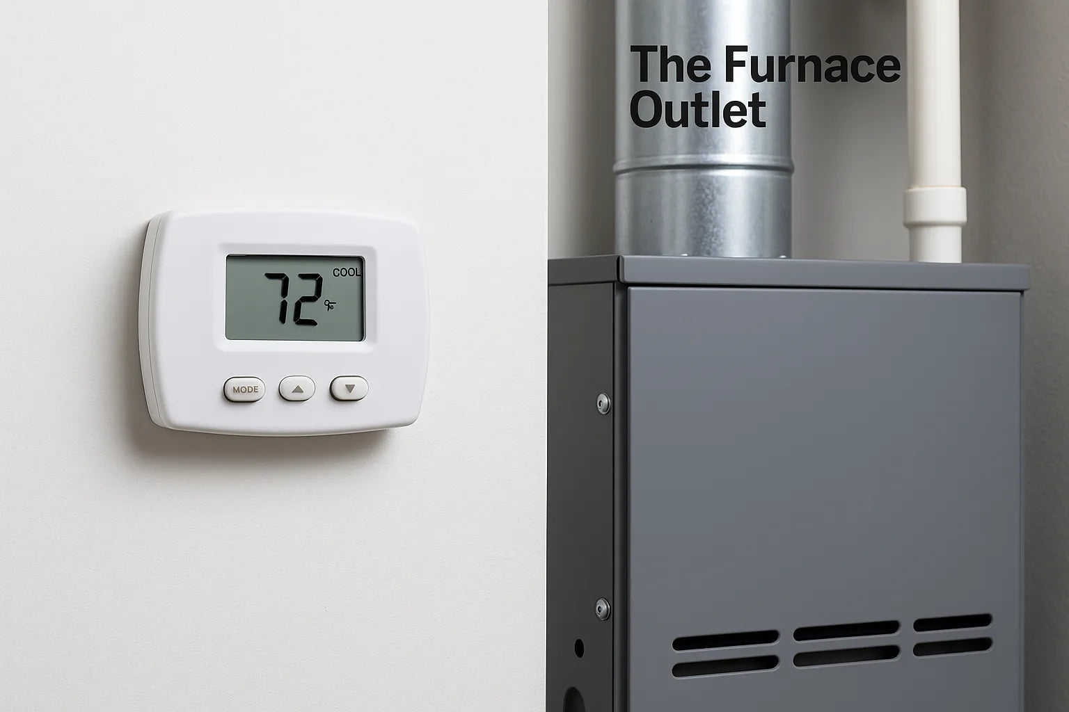 A modern furnace and digital thermostat mounted on a clean wall in a utility room.