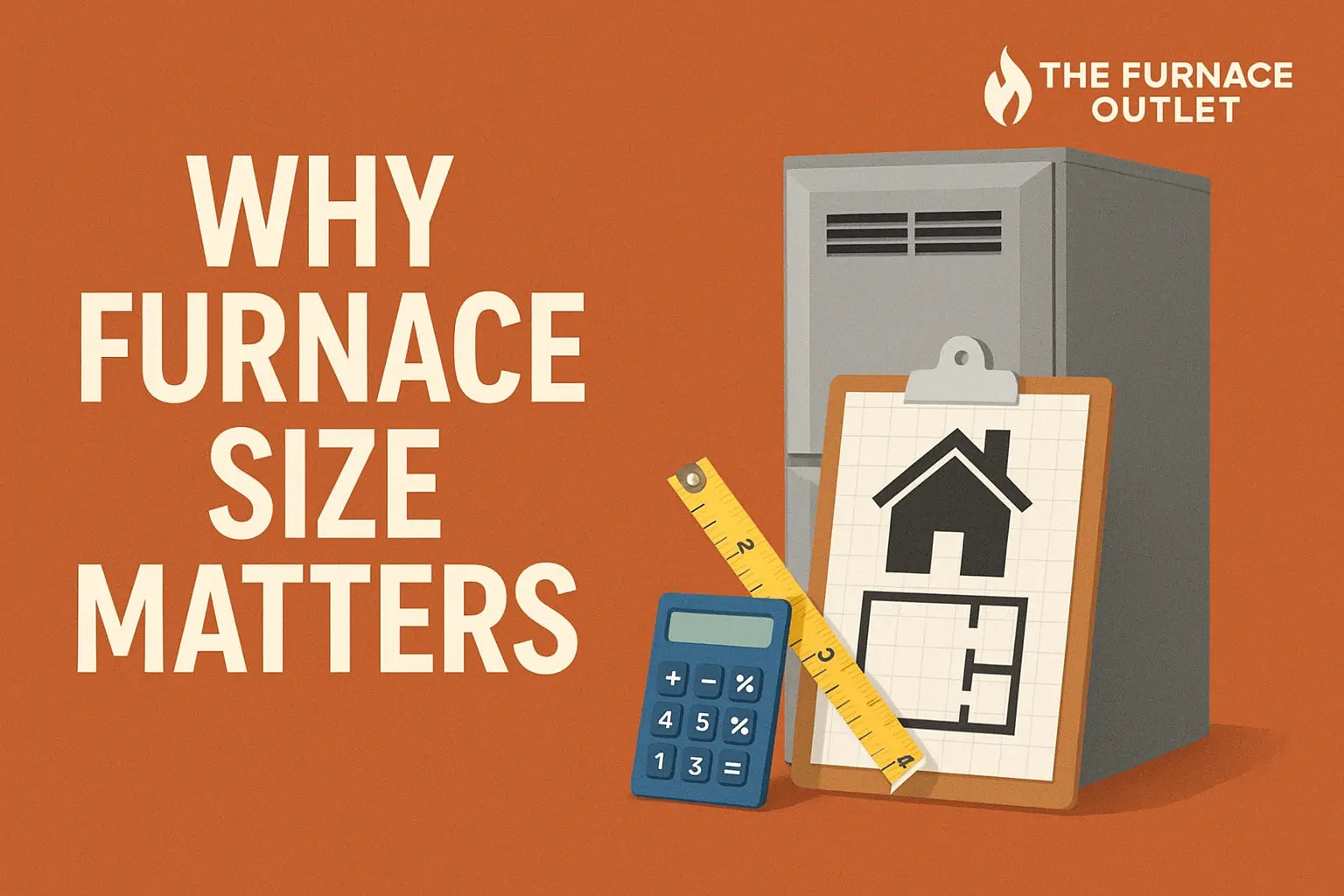 A modern furnace sits next to a clipboard with a home floor plan, a yellow measuring tape, and a blue calculator on an orange background, illustrating accurate furnace sizing. The Furnace Outlet logo appears in the corner.