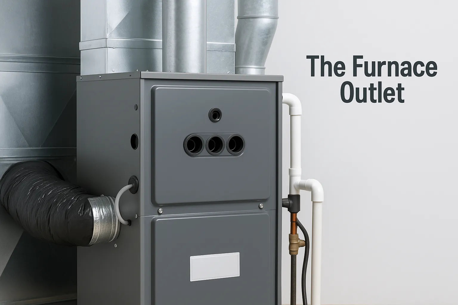 A modern gas furnace installed in a home with clean ductwork and piping.