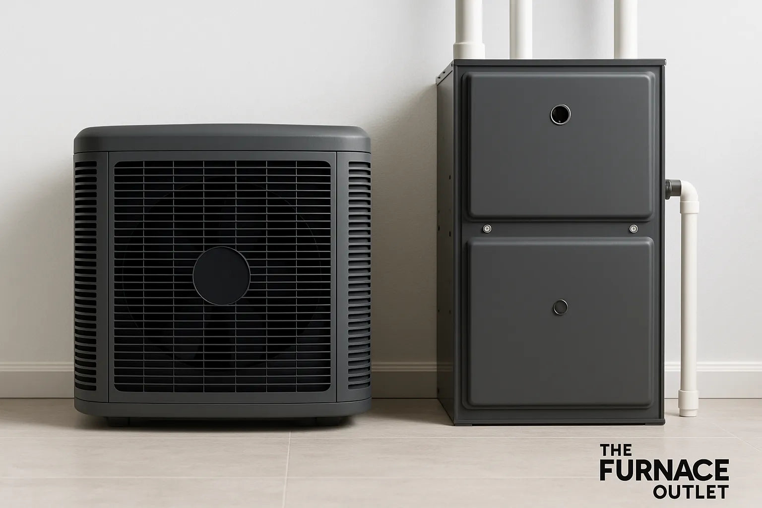  A modern heat pump and furnace system side by side against a clean white wall.