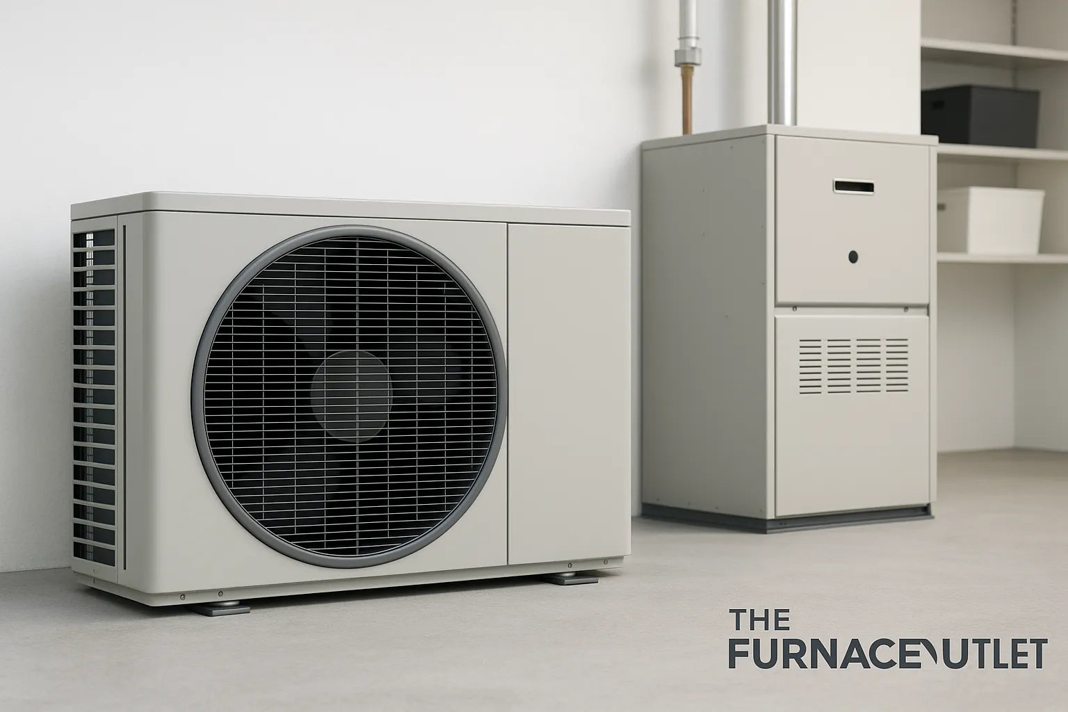 A modern heat pump system in a clean utility room with The Furnace Outlet logo.