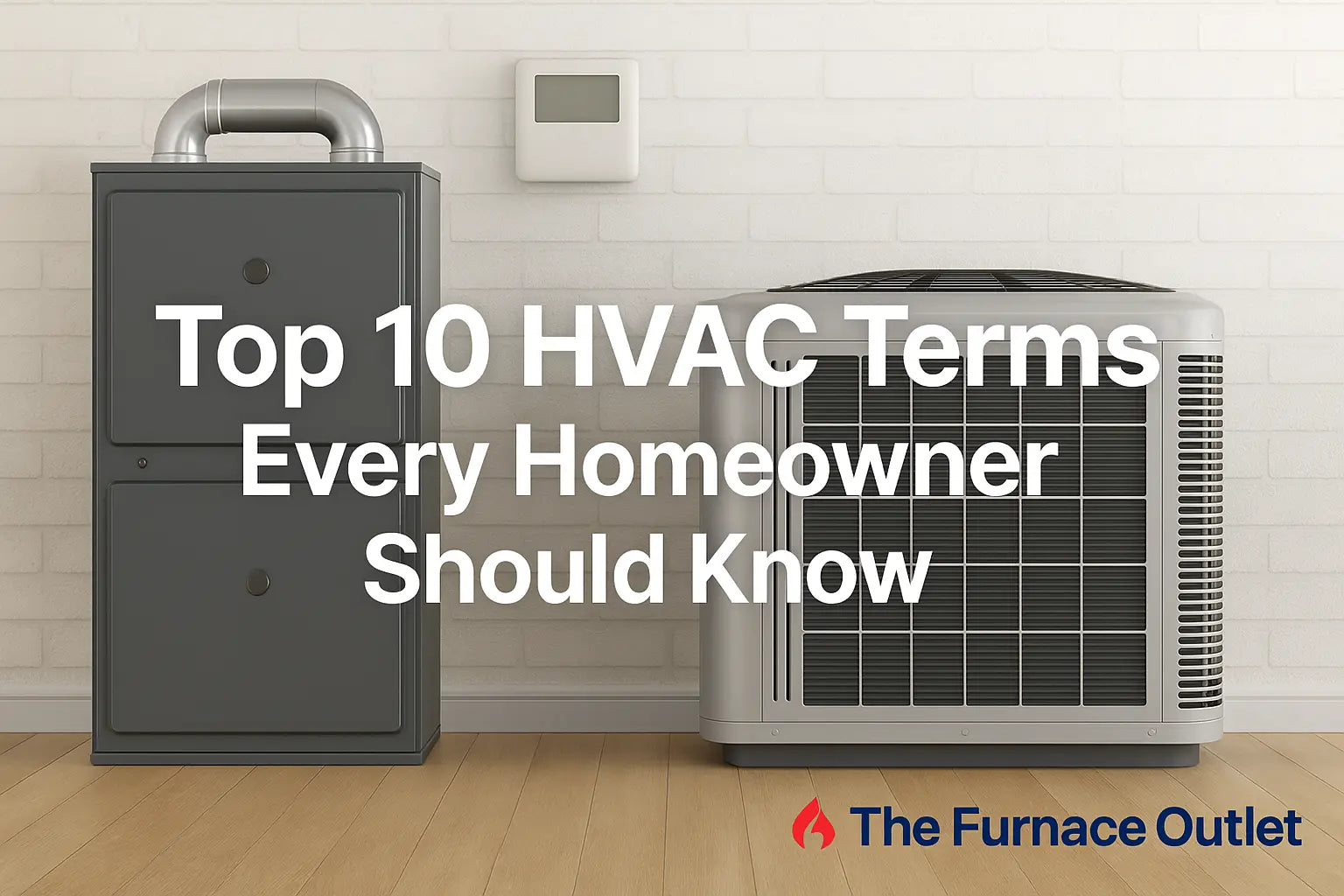 A modern indoor scene with a furnace, air conditioning unit, and wall-mounted smart thermostat, styled to reflect The Furnace Outlet brand. Clean layout highlights HVAC essentials in a homeowner-friendly environment.