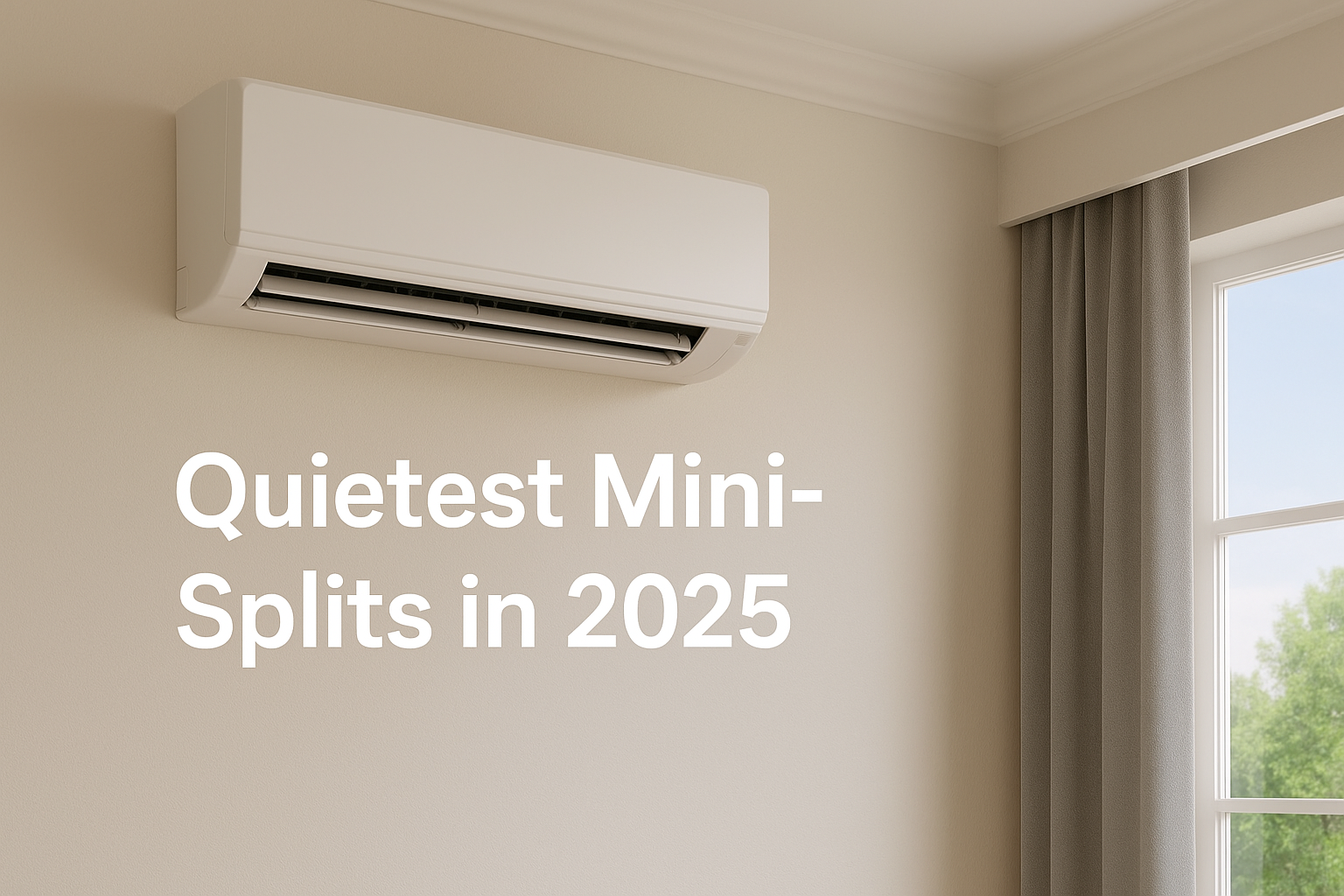A modern, wall-mounted mini-split air conditioner on a beige wall in a softly lit room with a large window and gray curtains, showcasing quiet and minimalist design.