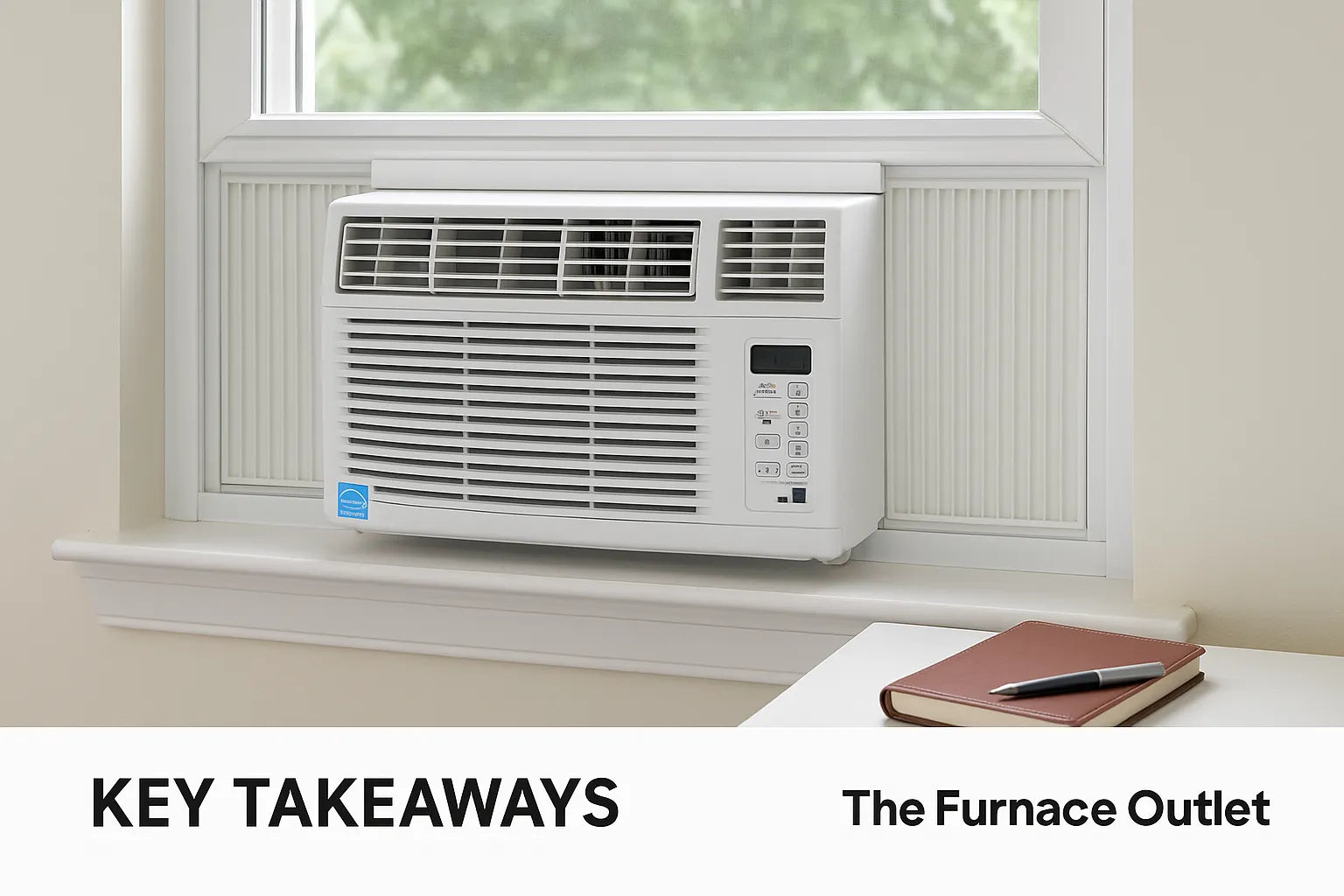 A modern white window air conditioner installed in a bright home interior with The Furnace Outlet branding.