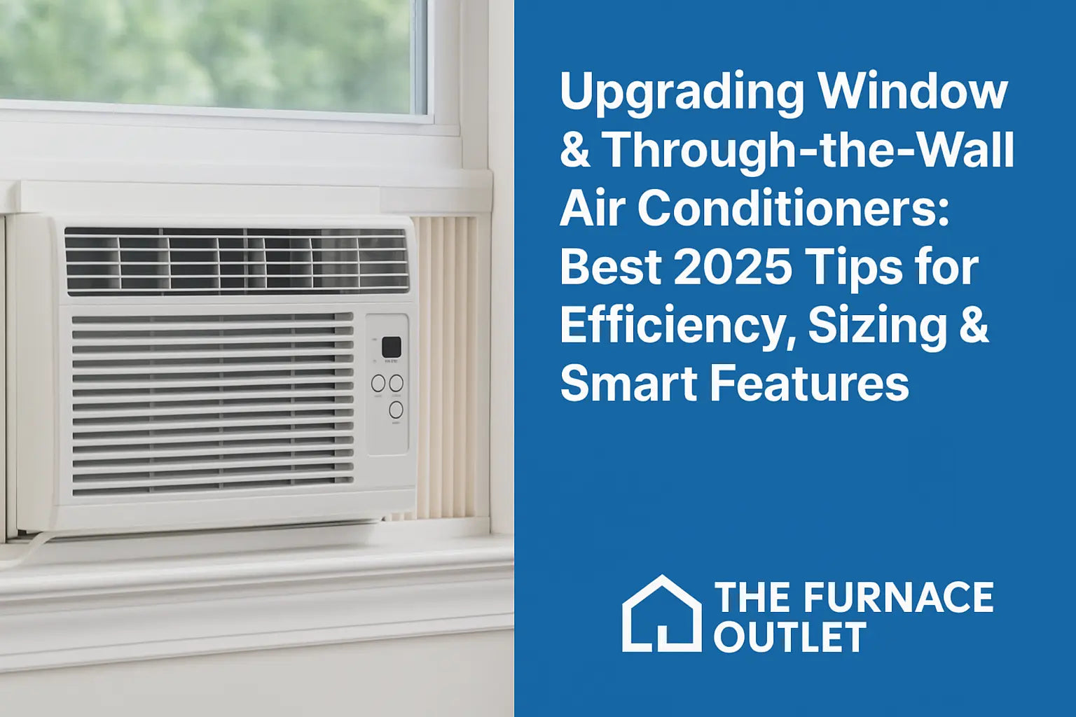 A modern window air conditioner installed in a home setting, illustrating energy-efficient cooling upgrades for 2025, with The Furnace Outlet logo placed subtly for branding.