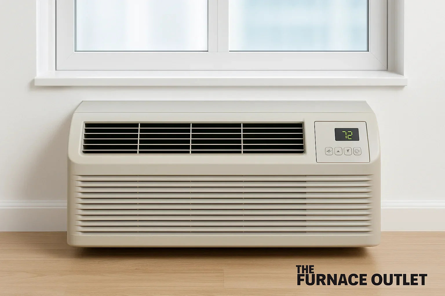 A packaged terminal air conditioner (PTAC) installed under a window in a modern room with hardwood floors and digital display showing 72°F.