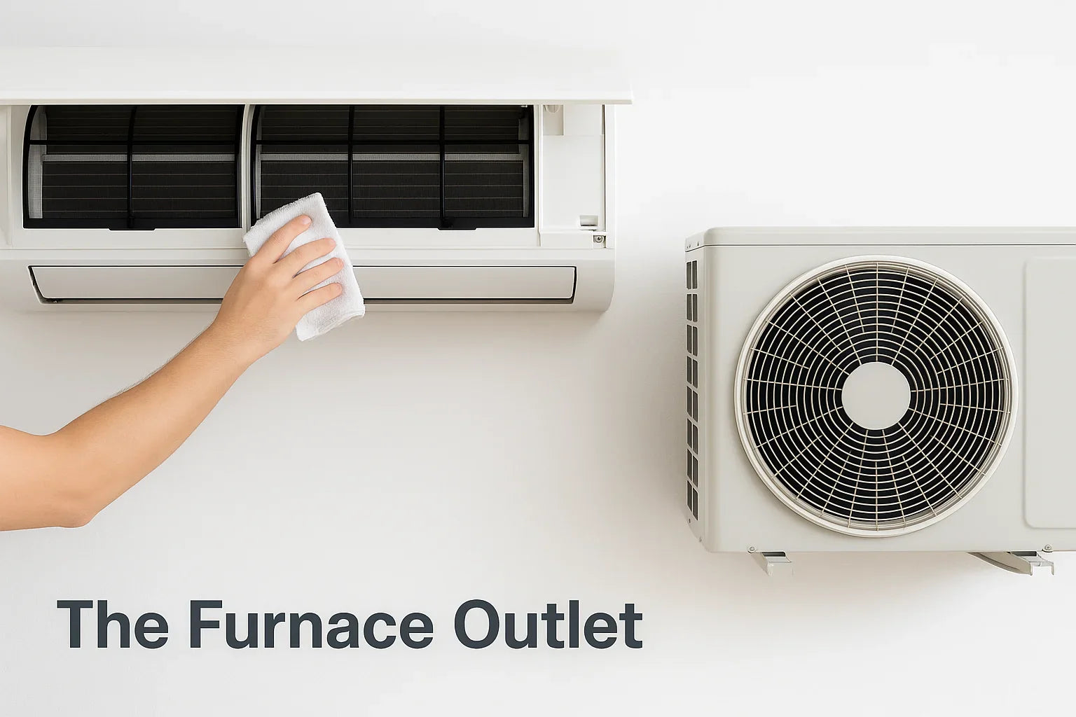 A person cleaning the filter of a mini split air conditioner with The Furnace Outlet logo shown.