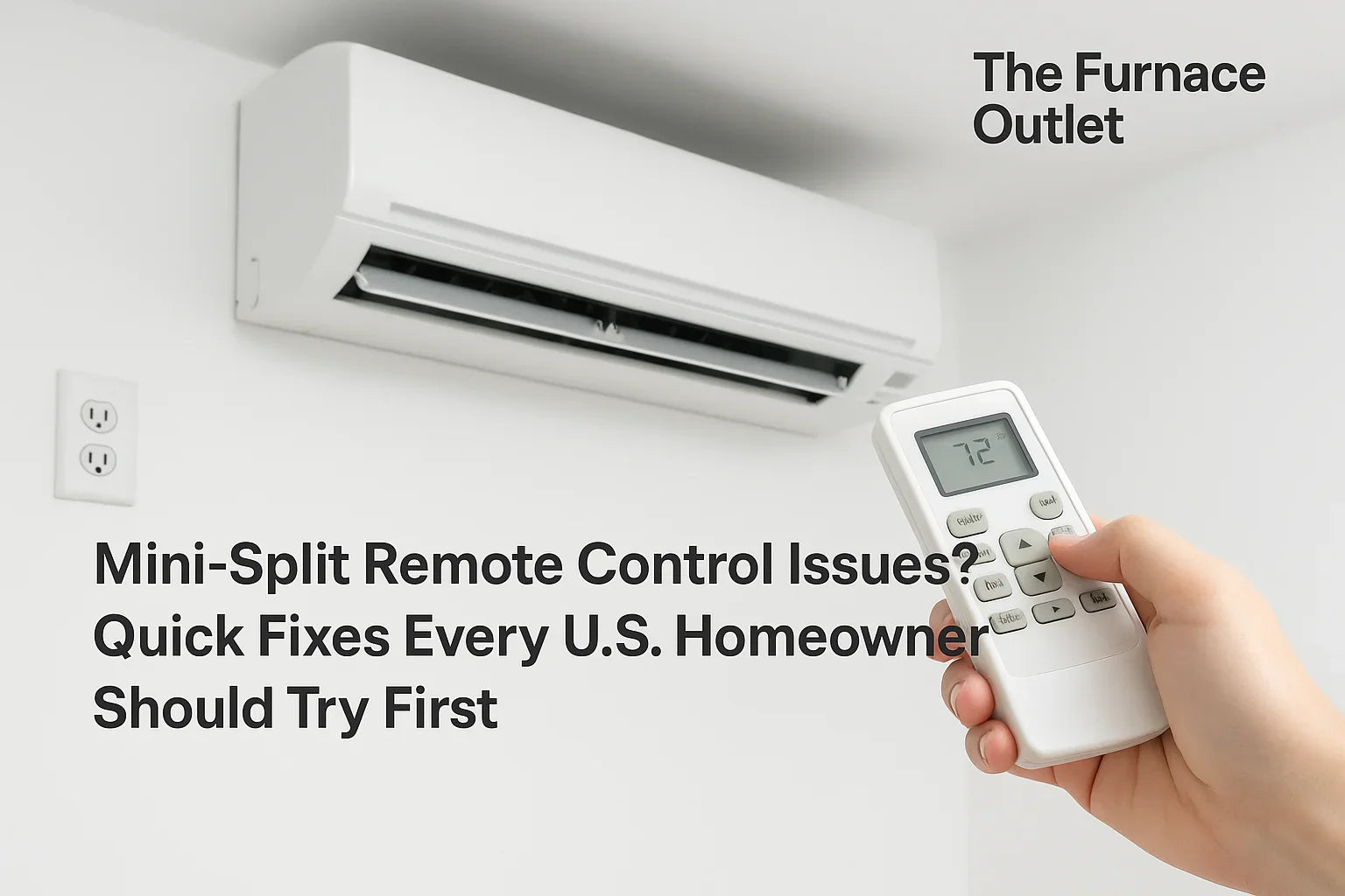 A person holding a remote control pointed at a white mini split air conditioner on a wall.