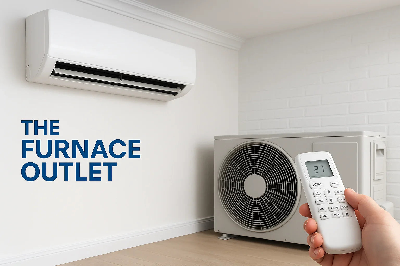 A person holds a remote control while facing a wall mounted mini split air conditioning system and outdoor unit indoors.