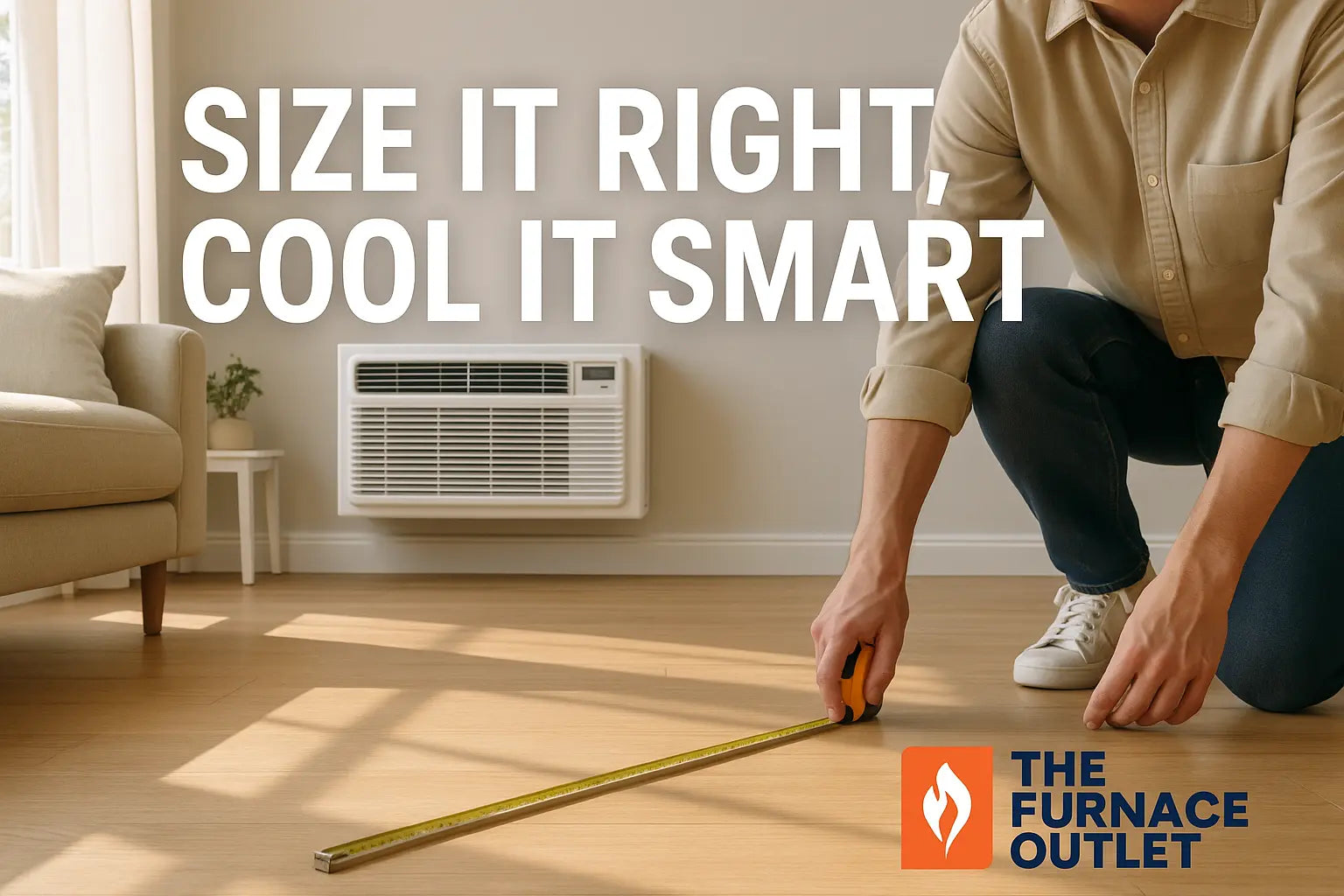 A person kneels in a sunlit living room, using a tape measure to measure the floor in front of a mounted through-the-wall air conditioner.
