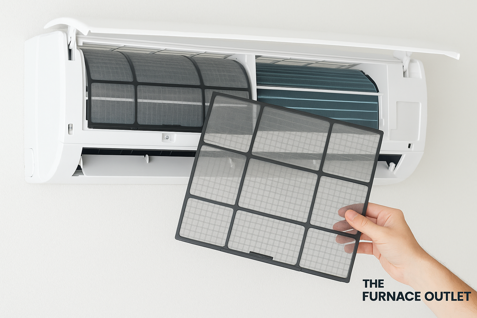 A person removes a filter from a wall-mounted mini-split air conditioner for cleaning.