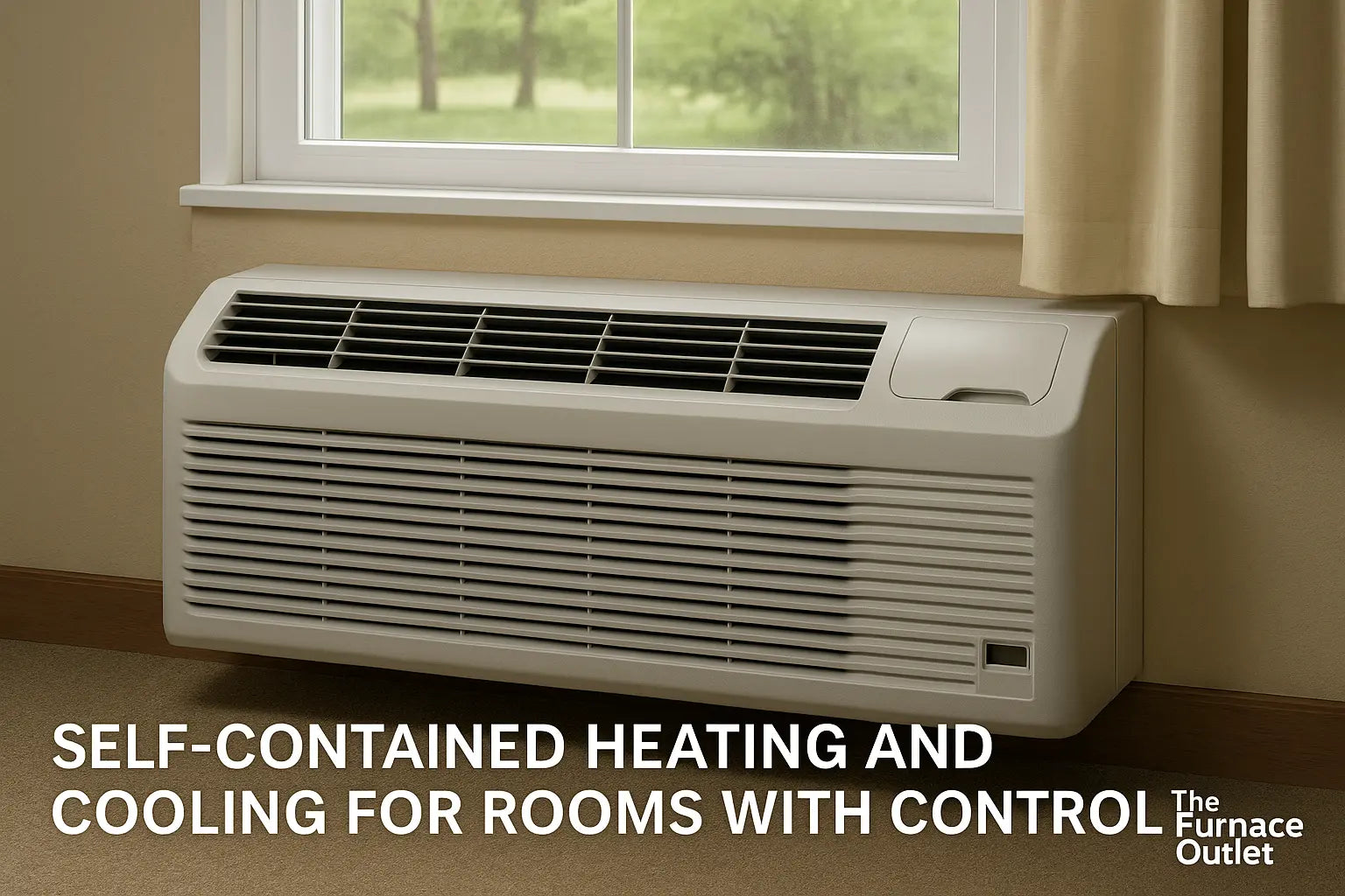 A photograph features a Packaged Terminal Air Conditioner (PTAC) unit installed beneath a window, illustrating its compact design
