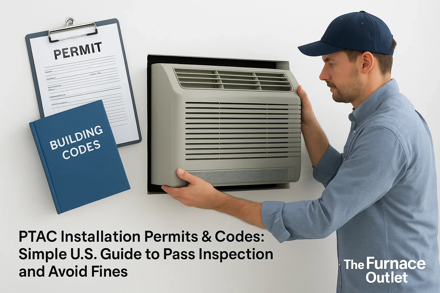 A professional HVAC technician installing a PTAC unit into a wall with permit and building code documents nearby.