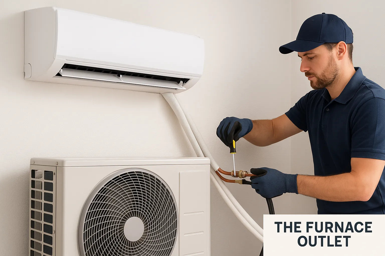A professional HVAC technician installs a mini-split air conditioner with visible line-set and condenser unit, branded with The Furnace Outlet logo