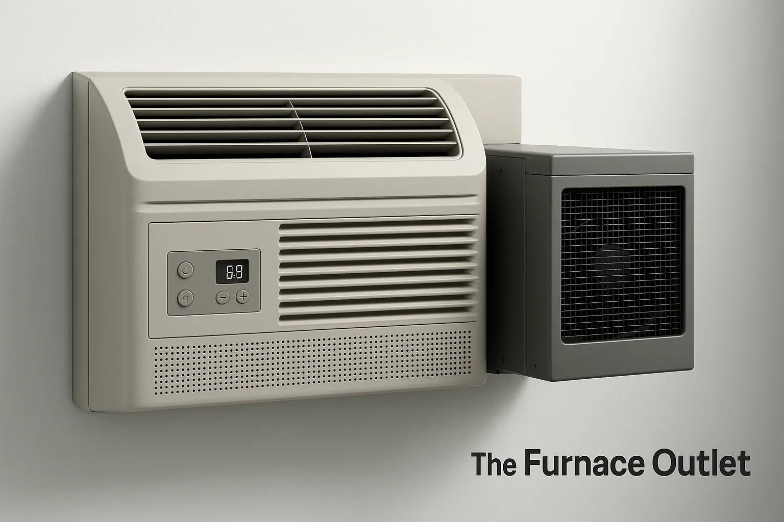 A professional image of a PTAC unit installed through a wall, showcasing both interior and exterior components with “The Furnace Outlet” logo at the bottom