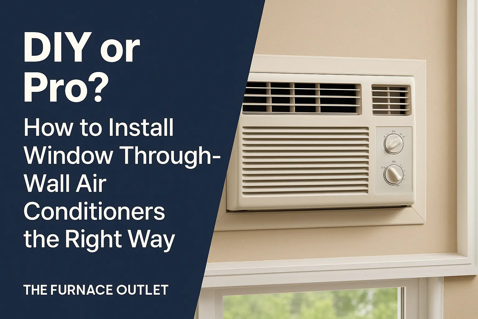 A professionally installed through-the-wall air conditioner mounted in a beige wall, photographed in a well-lit room, with The Furnace Outlet branding visible — representing the decision between DIY or professional installation.