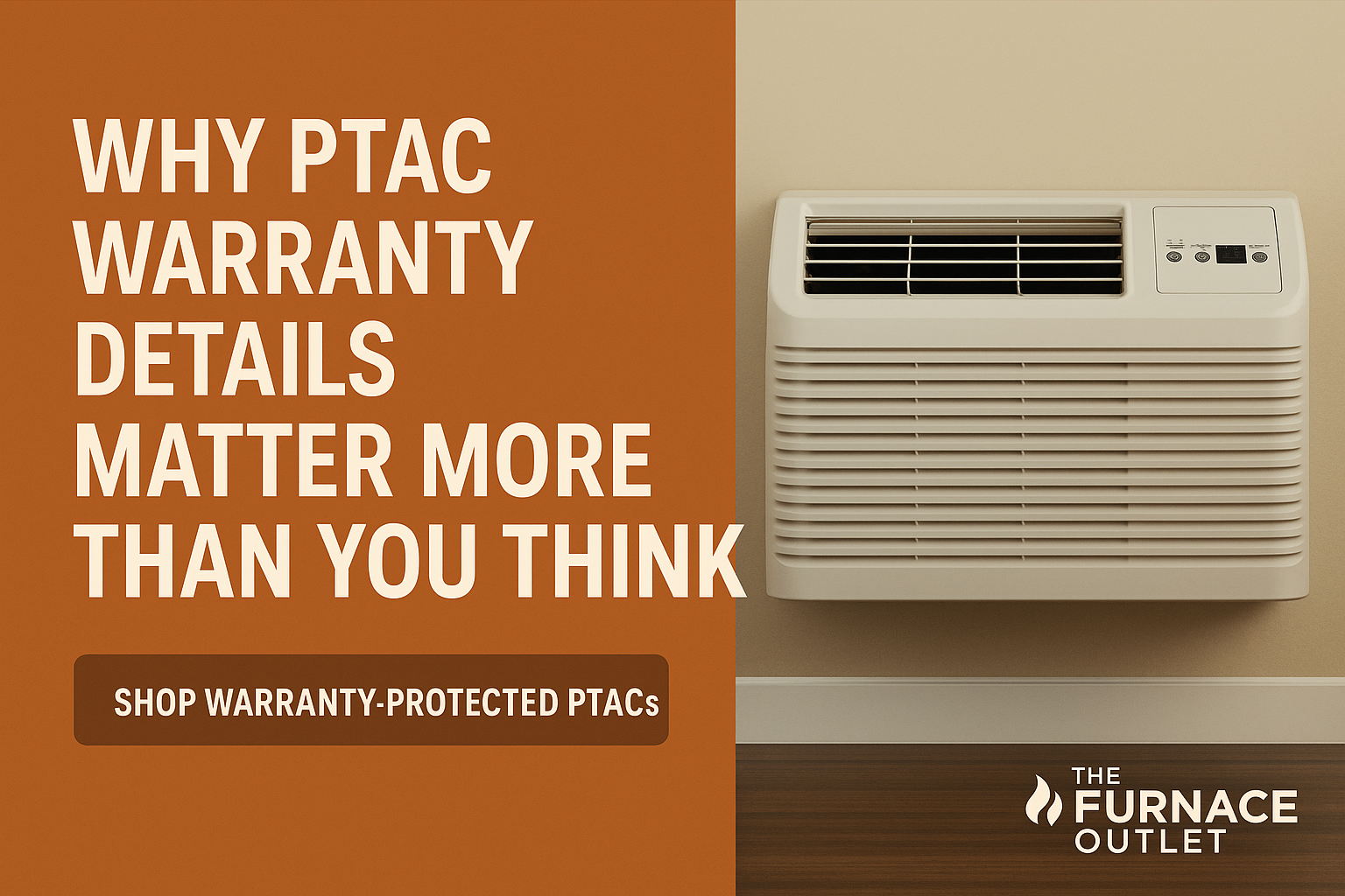 A promotional banner for The Furnace Outlet featuring a PTAC unit on a beige wall with hardwood flooring, showcasing clean design and product focus. Branding and a clear five-word CTA are visible on the bottom right corner.
