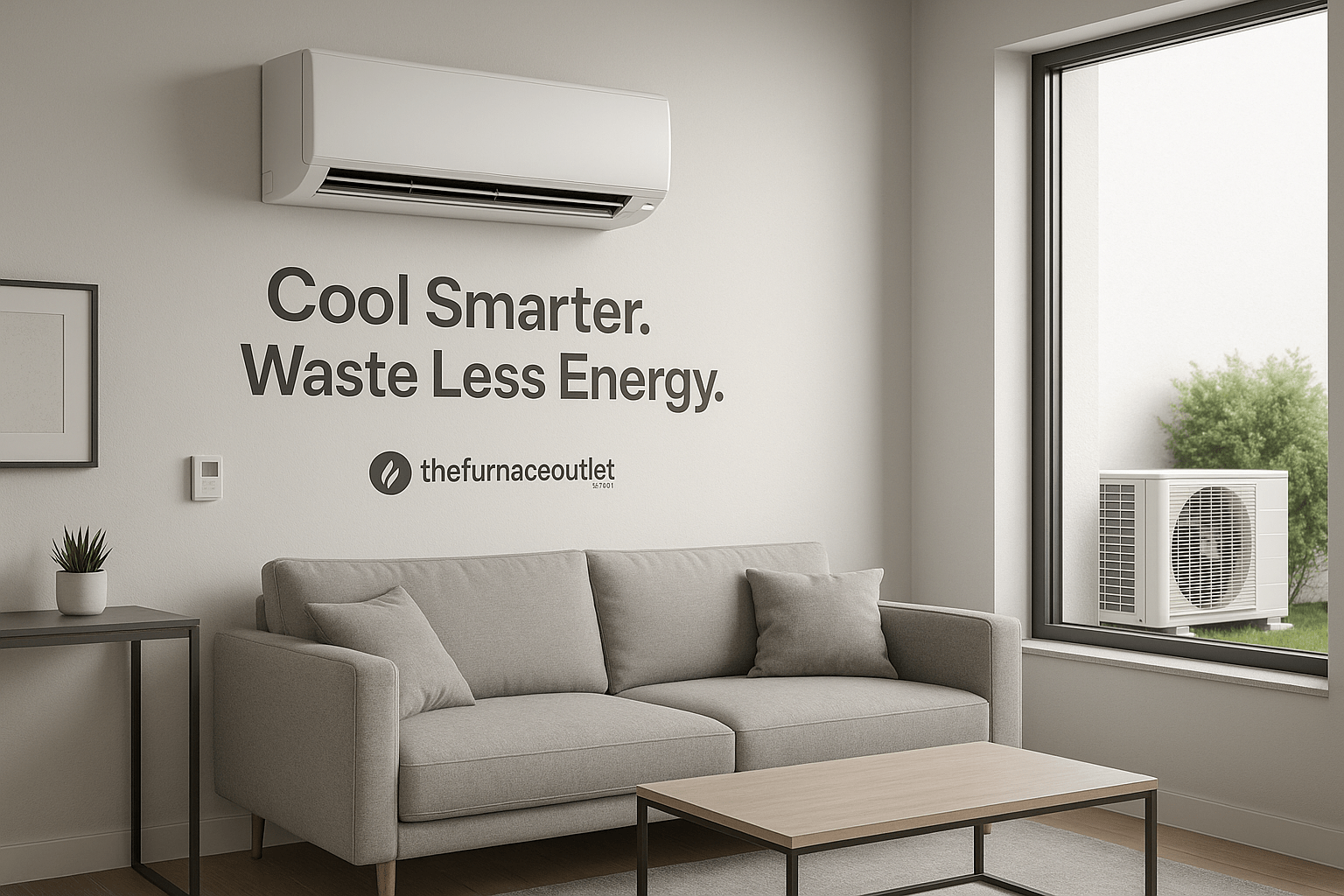 A sleek, modern living room featuring a ductless mini-split AC unit mounted on the wall, with the outdoor condenser visible through a window and branded "thefurnaceoutlet.com" on the wall.