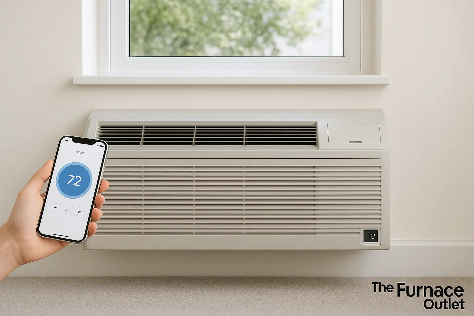 A smart PTAC unit below a window is controlled by a hand holding a smartphone showing a 72°F setting; branded with “The Furnace Outlet” in the bottom corner