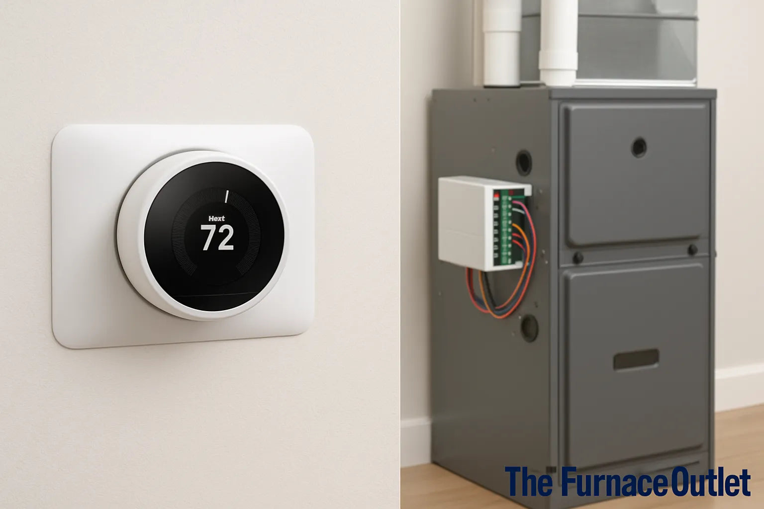 A smart thermostat and furnace with zone control panel in a clean modern setup.