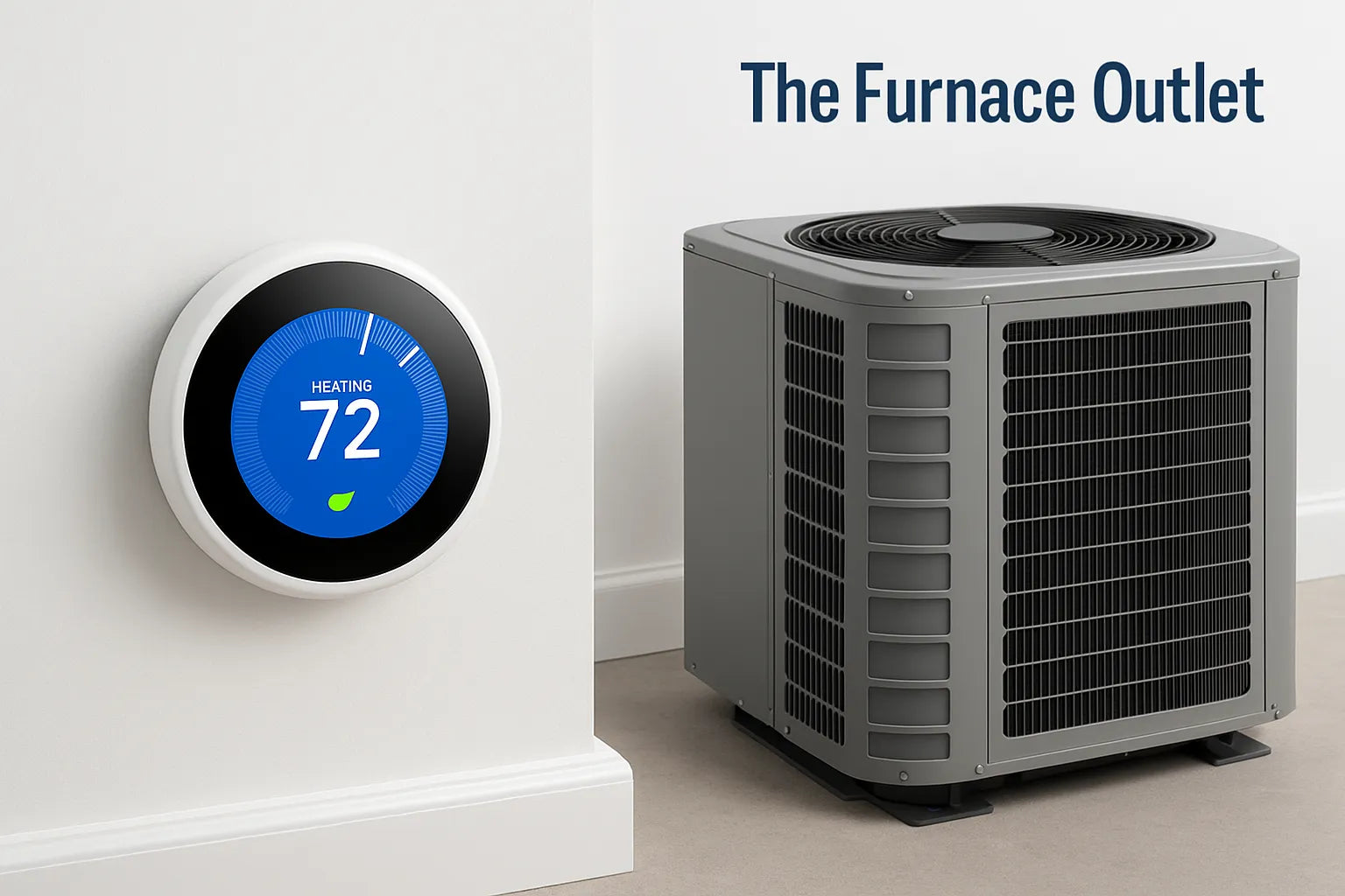 A smart thermostat and outdoor AC unit displayed in a modern clean style.