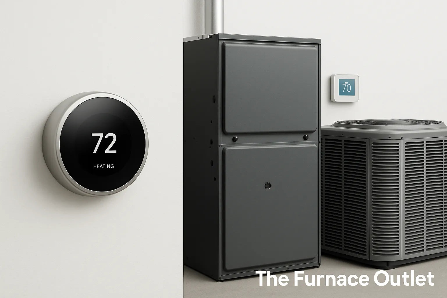 A smart thermostat, furnace, and air conditioning unit displayed in a clean modern setup.