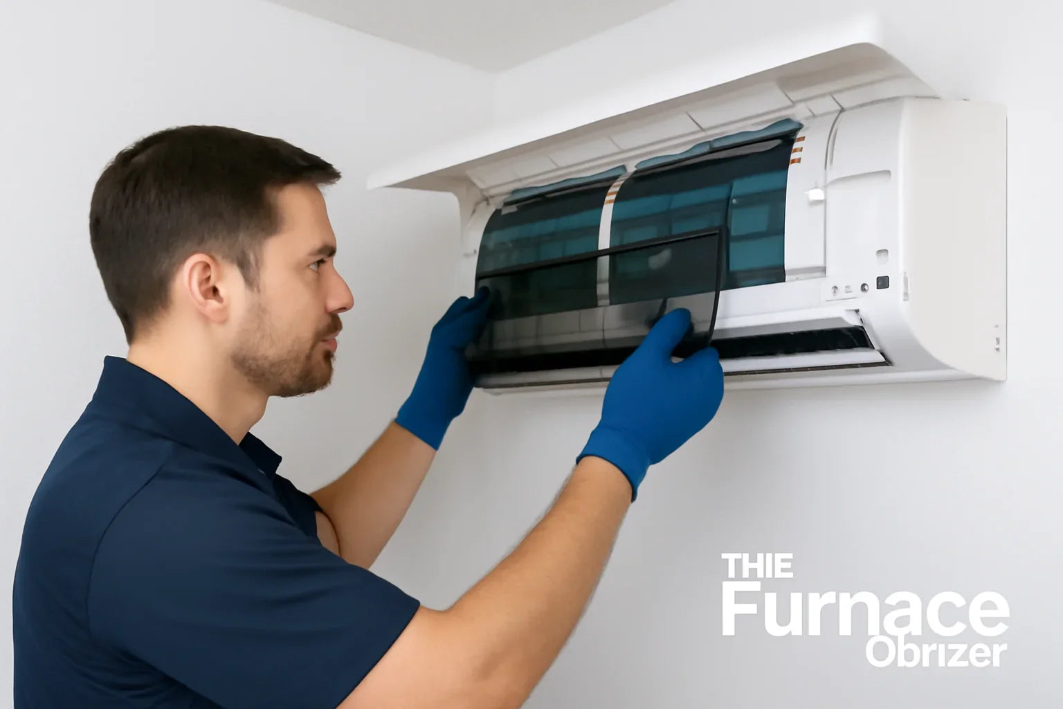 A technician performing maintenance on a mini-split air conditioning unit, removing the air filter in a clean, white room.