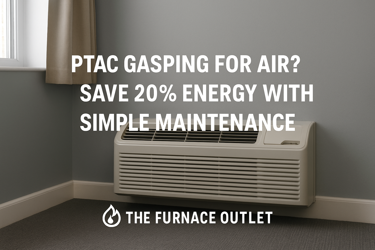 A wall-mounted PTAC unit under a window with beige curtains, set against a soft gray wall. 