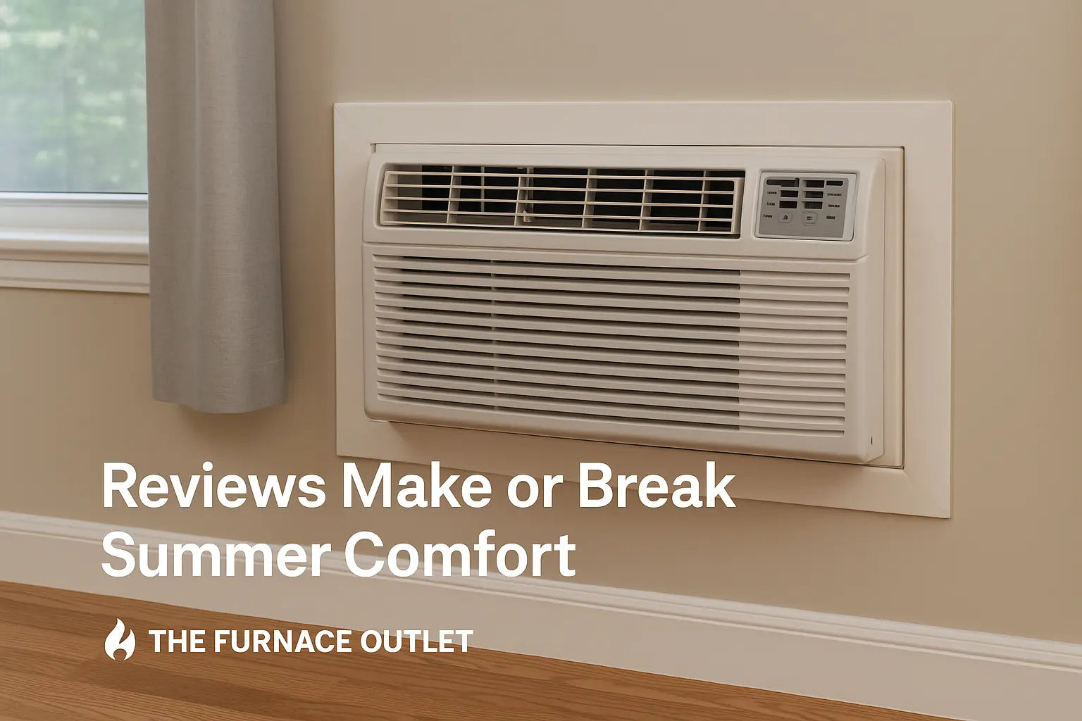 A wall-mounted air conditioner unit installed in a beige-colored room with wooden flooring and a window partially covered by a gray curtain. The image features the branding and title “Reviews Make or Break Summer Comfort” from The Furnace Outlet.