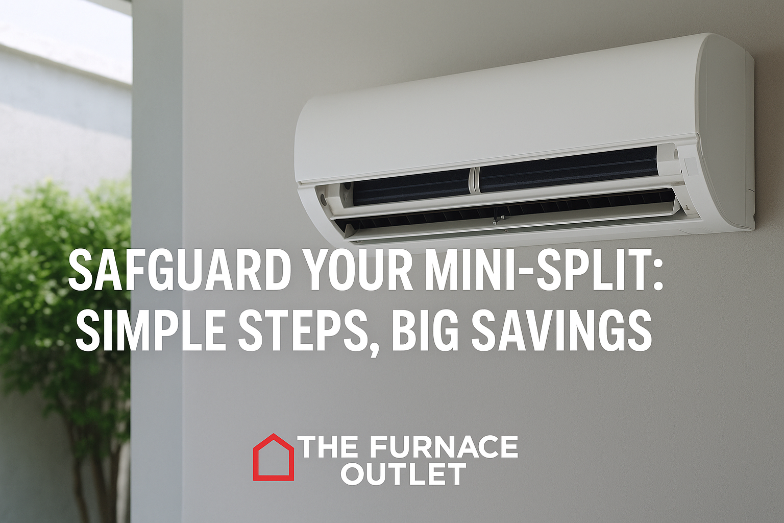 A wall-mounted mini-split air conditioner with its front cover open, set against a clean gray wall near a sunlit window.