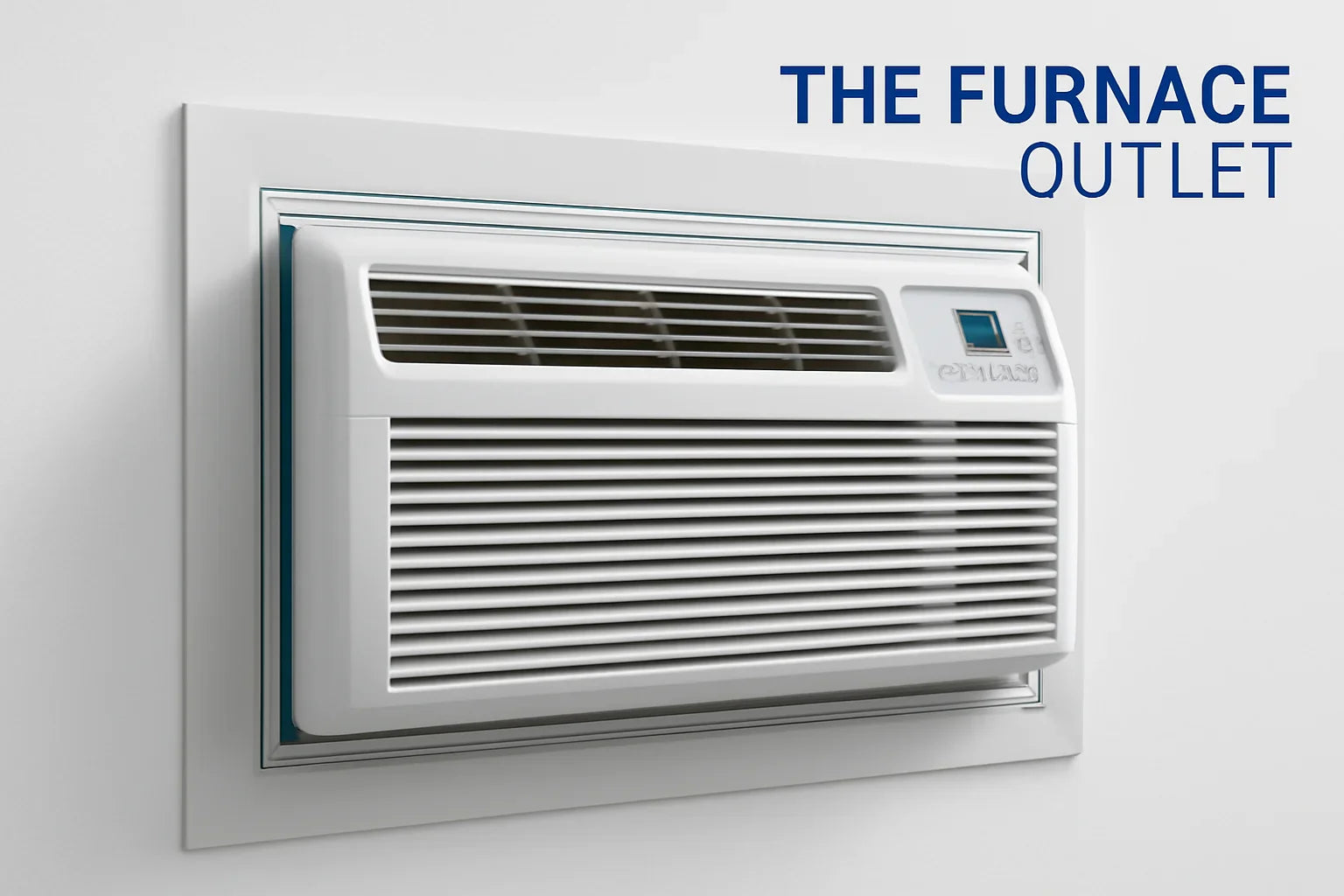 A white PTAC unit installed in a wall with The Furnace Outlet logo in the top right corner.