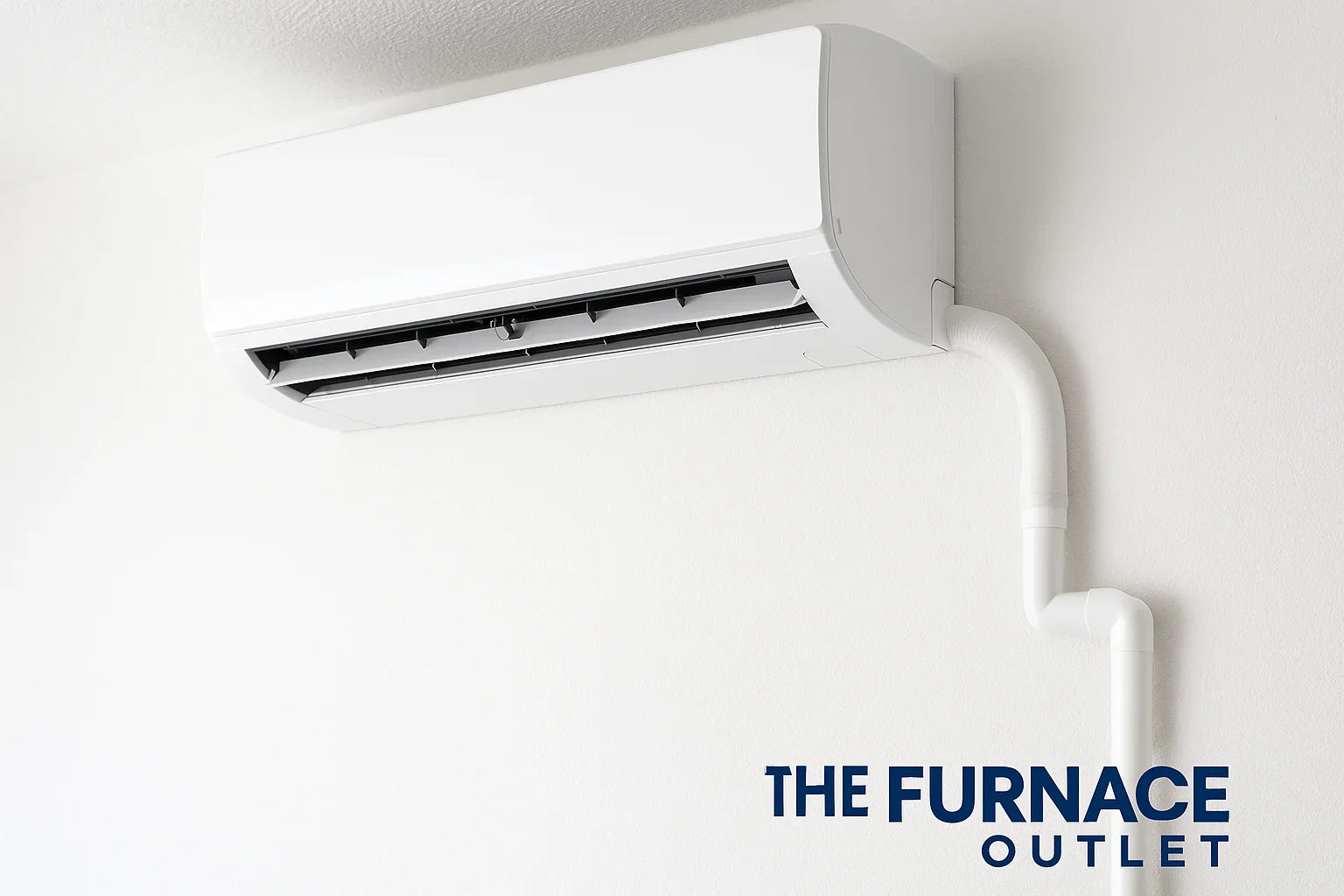 A white mini-split air conditioner mounted on a wall with a visible insulated drain line and The Furnace Outlet logo in the corner.