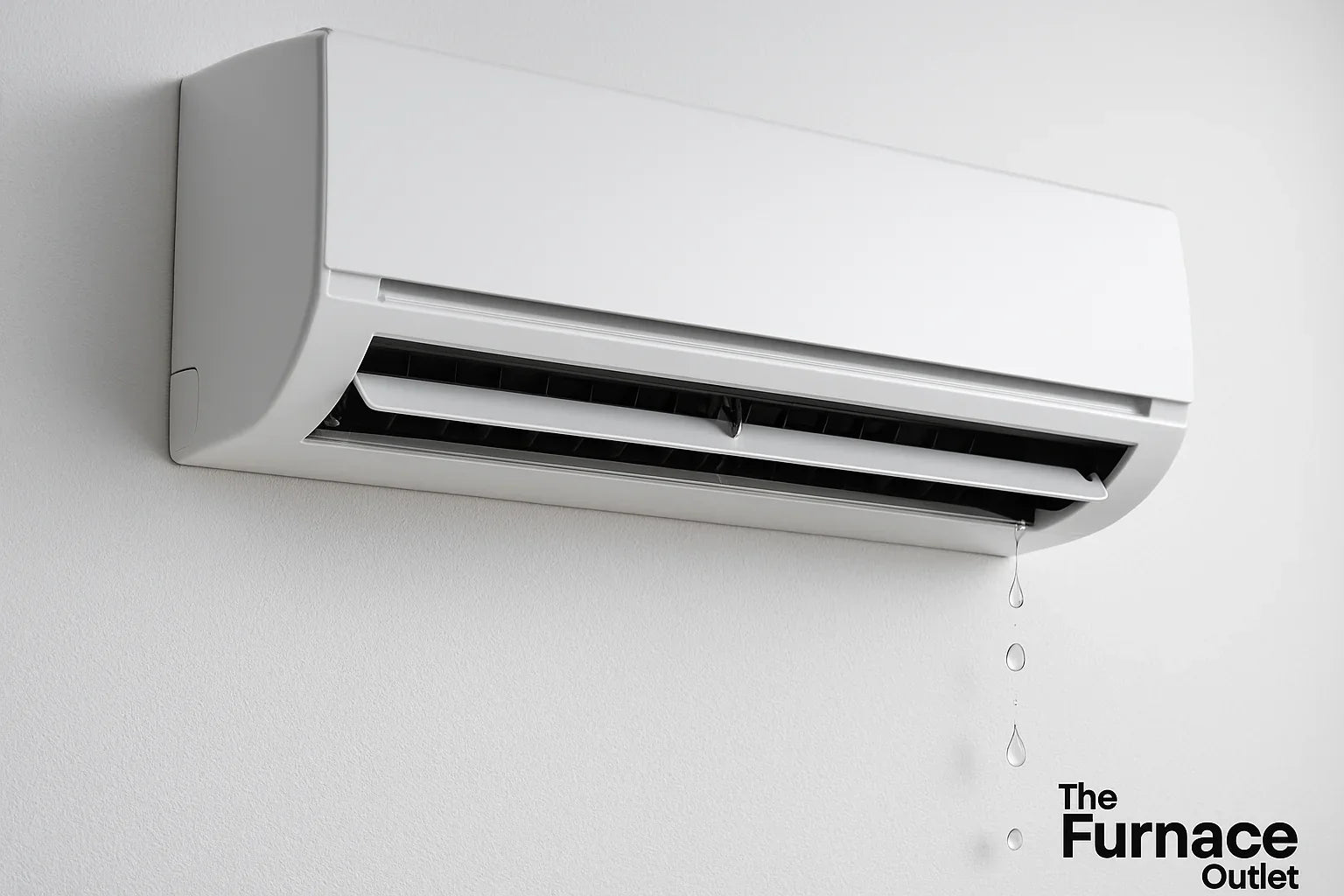 A white mini split air conditioner dripping water with The Furnace Outlet logo in the corner.
