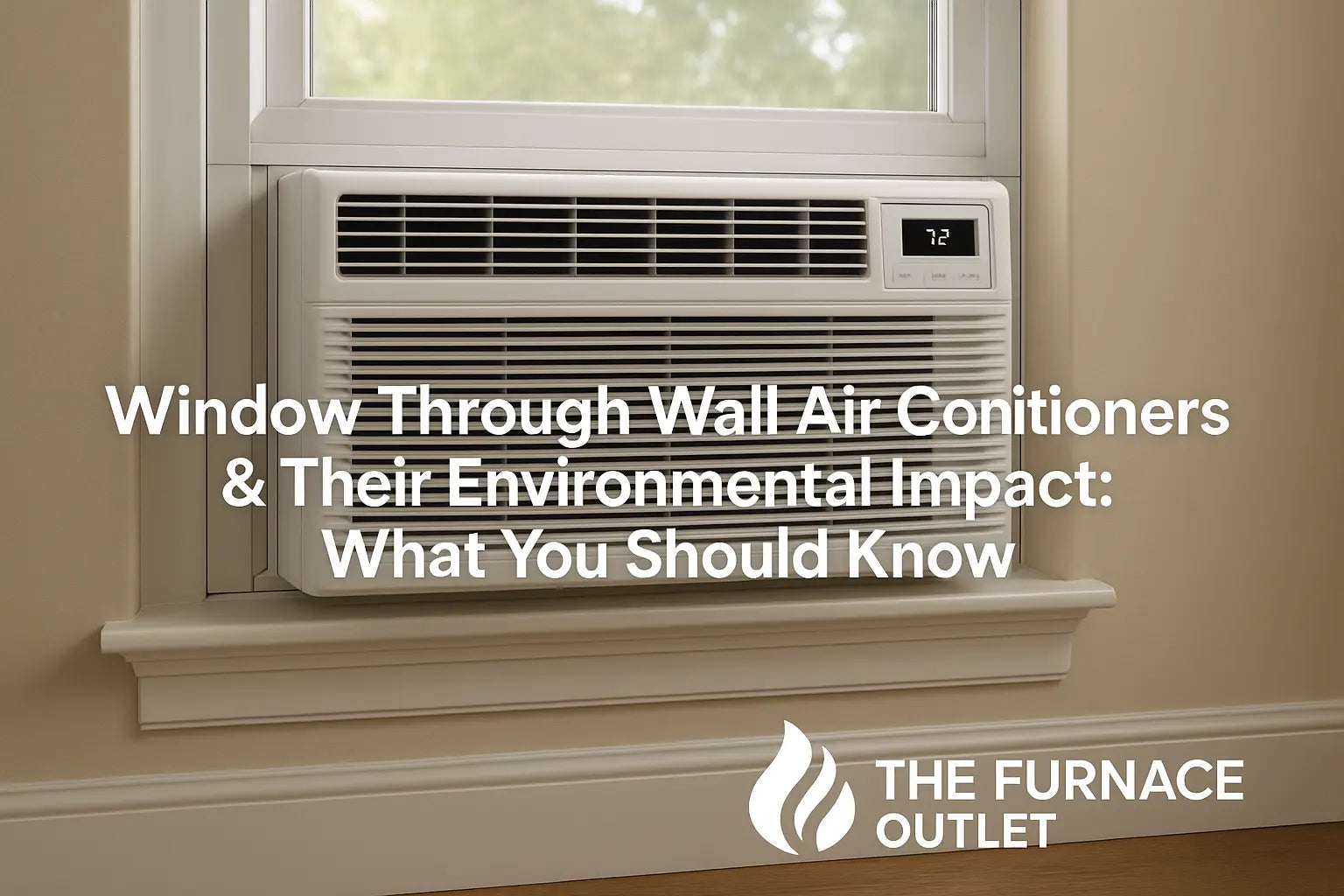 A white through-the-wall air conditioner installed in a modern beige room, with The Furnace Outlet logo. The unit is flush-mounted for efficiency, highlighting eco-friendly features and low refrigerant emissions.