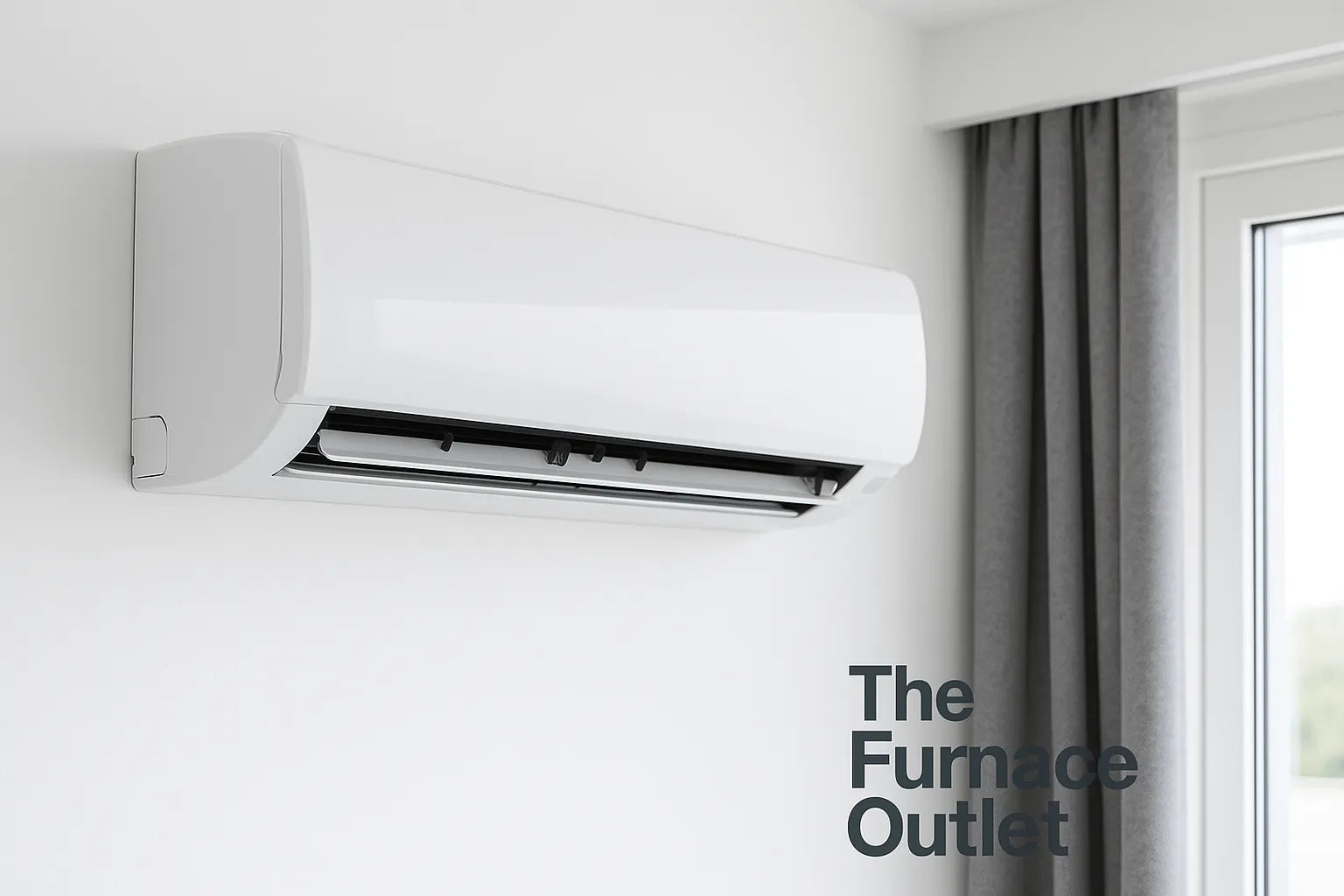 A white wall mounted mini split air conditioner in a modern room with gray curtains and The Furnace Outlet logo.