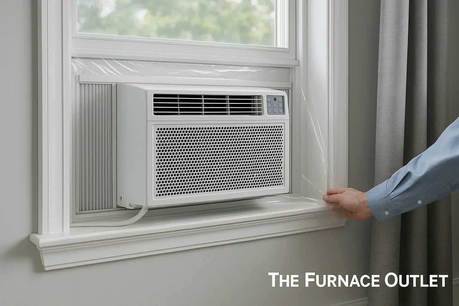 A white window air conditioner with shrink film insulation being applied in a modern room.
