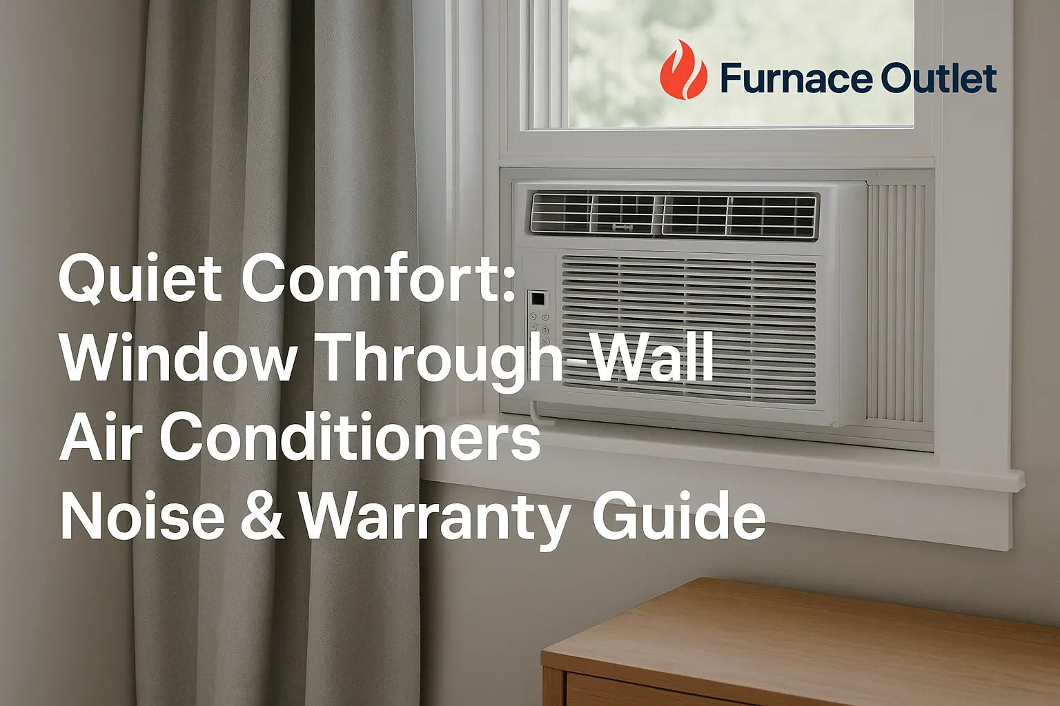 A window-mounted air conditioner installed in a quiet, sunlit bedroom with gray curtains and light wood furniture, reflecting a peaceful atmosphere. The Furnace Outlet logo appears in the image.