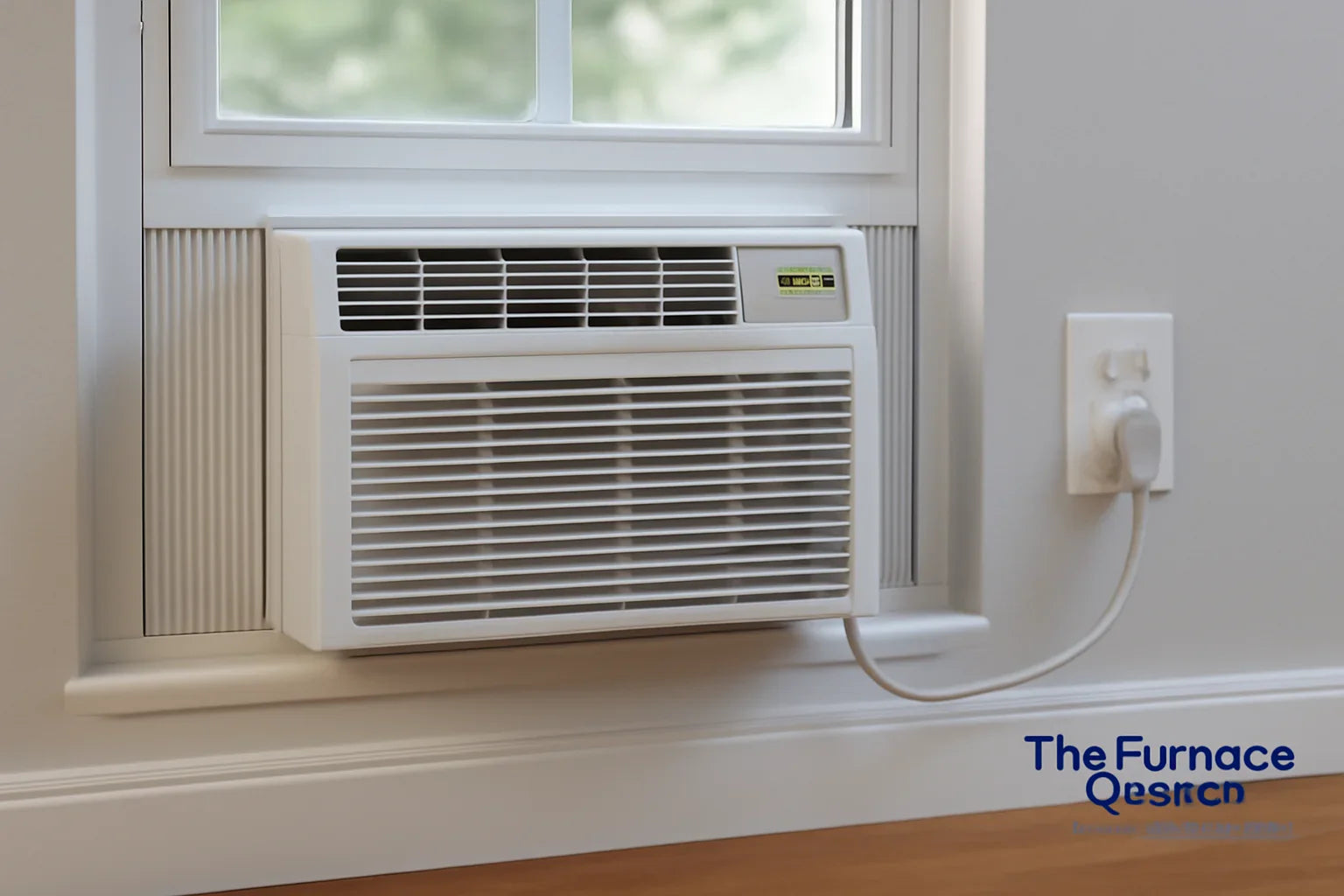 A window-mounted air conditioner installed in a well-lit room with visible control panel and power connections.
